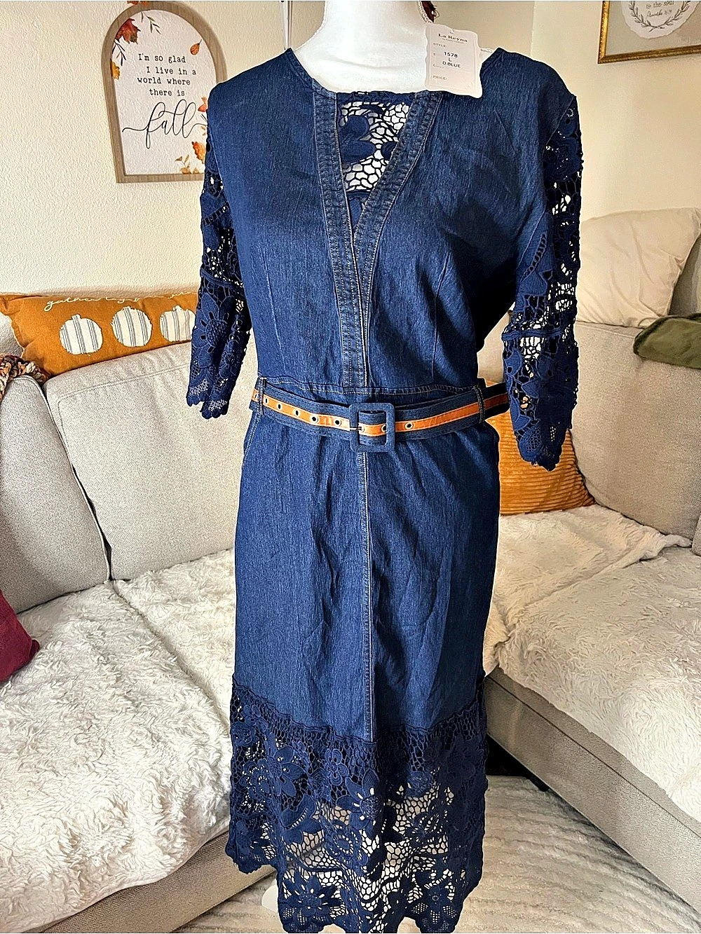 La Reyna Denim Lace Midi Dress NWT in Blue